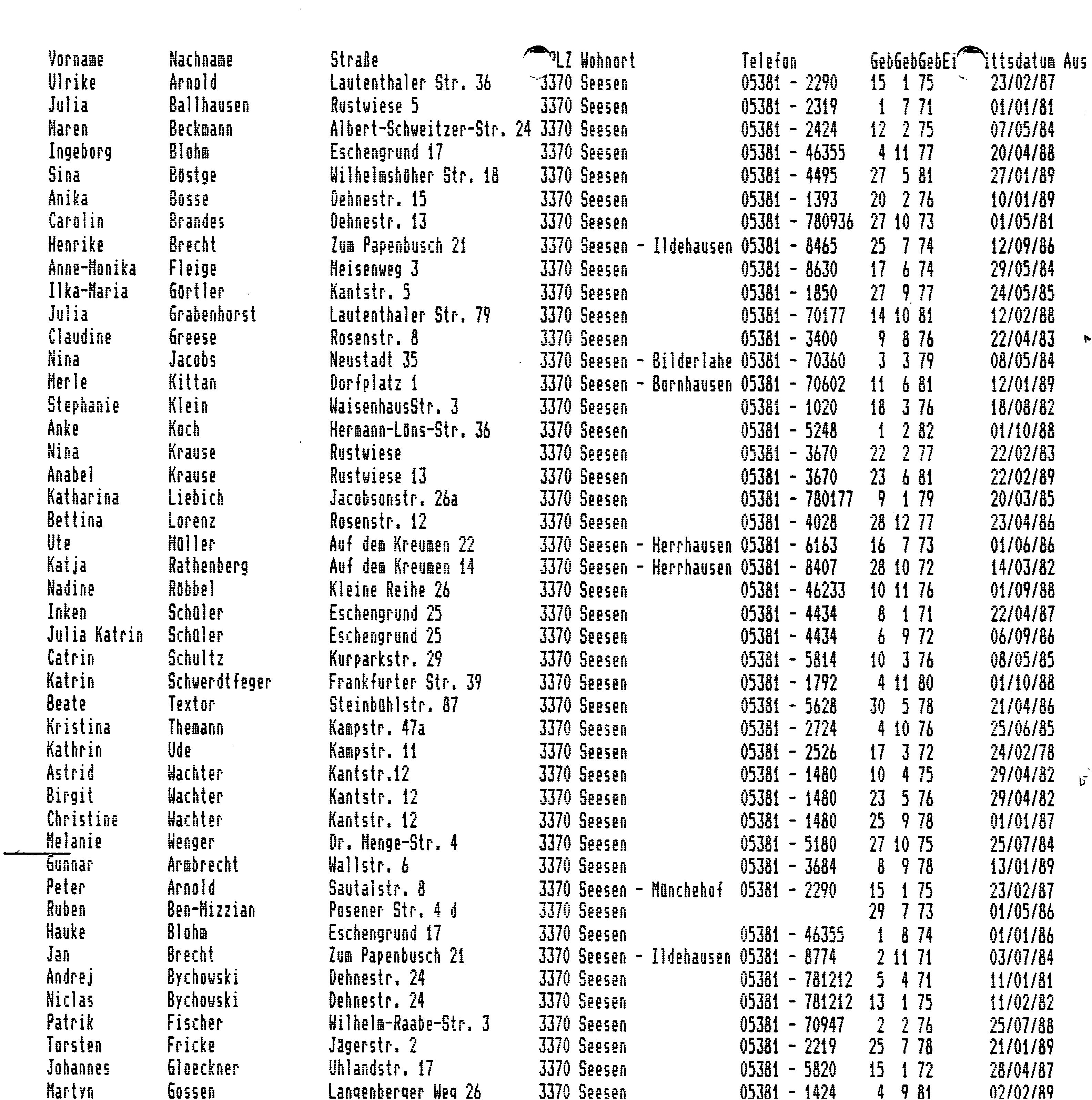 TC Mitgliederliste 1989 Seite 1
